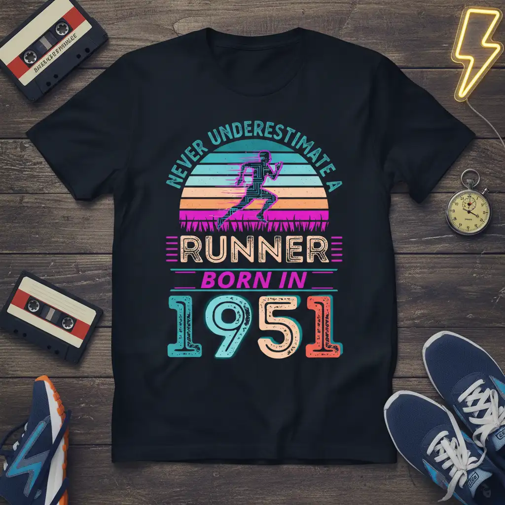 Never Underestimate A Runner Born In 1951 vintage retro graphic tee with runner silhouette