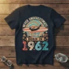 Never Underestimate A Swimmer Born In 1962 t-shirt with vintage retro graphic of a swimmer and surfboard