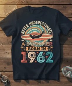 Never Underestimate A Swimmer Born In 1962 t-shirt with vintage retro graphic of a swimmer and surfboard