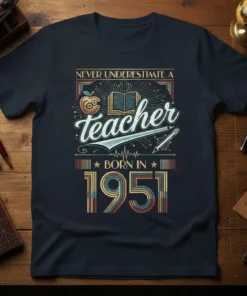 Never Underestimate A Teacher Born In 1951 vintage t-shirt design with an apple, book, and pencil graphic
