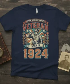 Never Underestimate a Veteran Born in 1924 t-shirt design with saluting soldier and vintage medals graphic