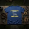 T-shirt with yellow text "Never Underestimate A Woman With A German Shepherd" and a geometric German Shepherd graphic