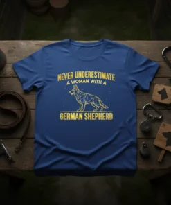 T-shirt with yellow text "Never Underestimate A Woman With A German Shepherd" and a geometric German Shepherd graphic