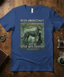 T-shirt featuring "Never Underestimate A Woman With An Irish Wolfhound" text and a graphic of a woman with an Irish