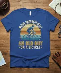 Never Underestimate An Old Guy On A Bicycle T-Shirt with retro cyclist graphic and sunset design