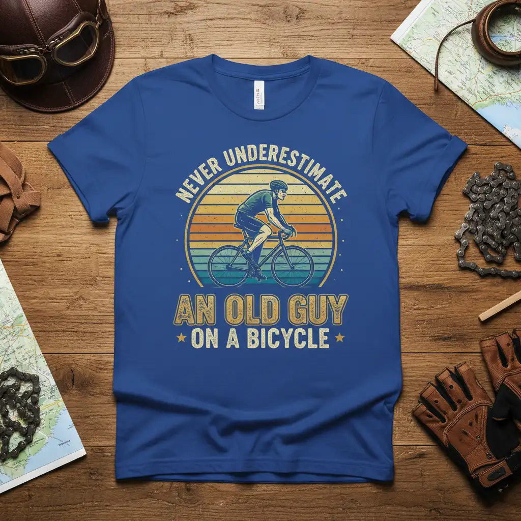 Retro graphic t-shirt design: Never Underestimate An Old Guy On A Bicycle quote with cyclist and sunset