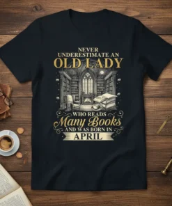Never Underestimate An Old Lady Who Reads Many Books And Was Born In April t-shirt design with library graphic