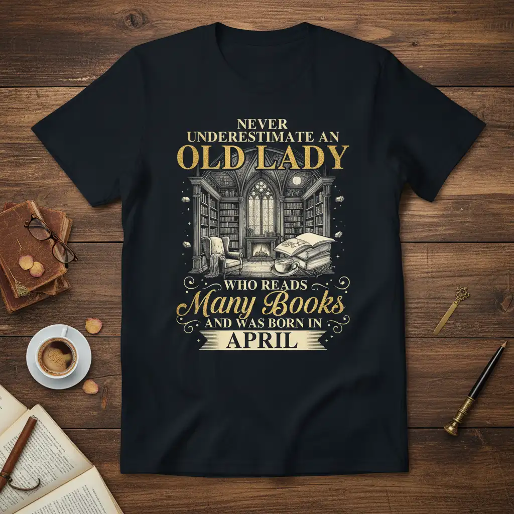 Never Underestimate An Old Lady Who Reads Many Books And Was Born In April quote with library illustration on t-shirt
