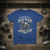 Never Underestimate An Old Man With A Hockey Stick t-shirt featuring a bear hockey player graphic and vintage text