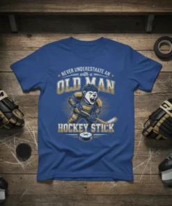Never Underestimate An Old Man With A Hockey Stick t-shirt featuring a bear hockey player graphic and vintage text