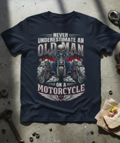 Never Underestimate an Old Man on a Motorcycle T-Shirt featuring a skull biker on a motorcycle with flames and wings