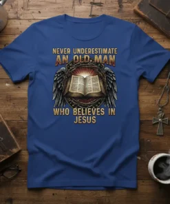 T-shirt with "Never Underestimate An Old Man Who Believes In Jesus" quote and an open Bible with wings graphic