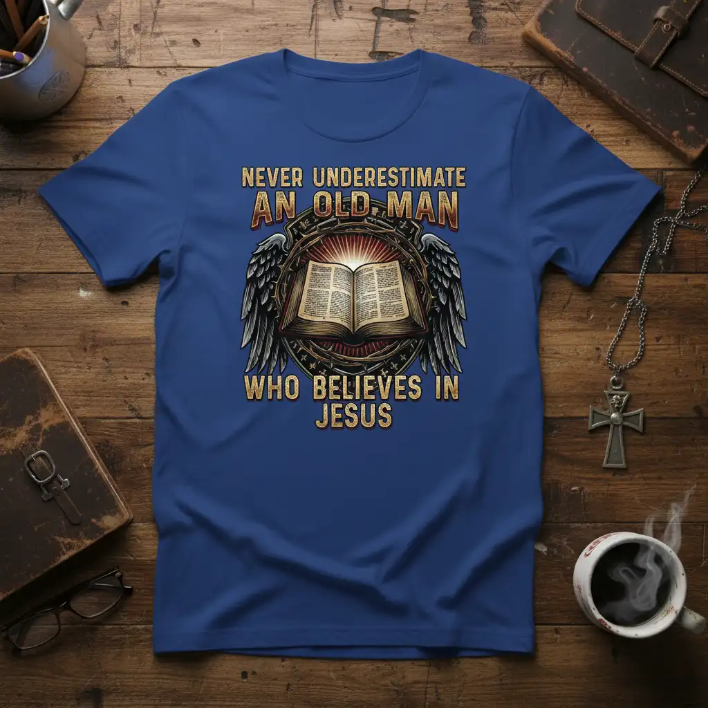 Never Underestimate An Old Man Who Believes In Jesus quote with open Bible and wings graphic on a blue t-shirt