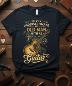 Never Underestimate An Old Man With AE Guitar T-Shirt design featuring an acoustic guitar and musical notes