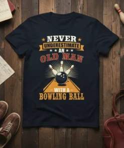 Never Underestimate An Old Man With A Bowling Ball t-shirt featuring bowling pins, ball, and vintage text design
