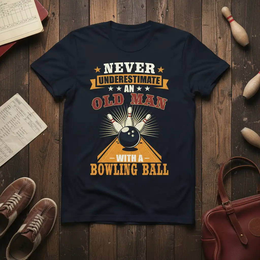 Never Underestimate An Old Man With A Bowling Ball quote t-shirt design with vintage text and bowling graphic