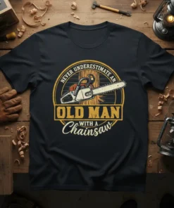 Never Underestimate An Old Man With A Chainsaw T-Shirt featuring a vintage chainsaw graphic and bold typography