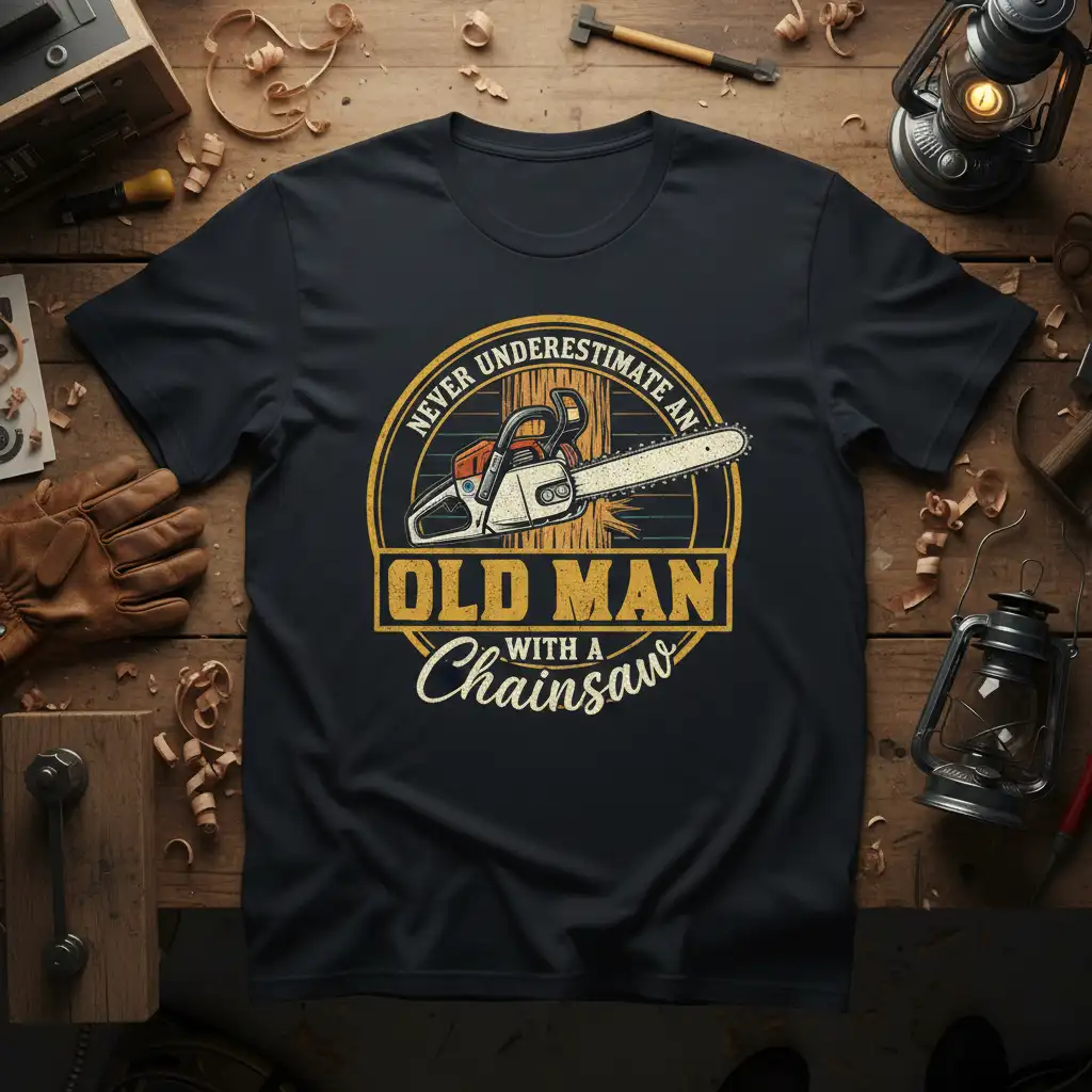 Never Underestimate An Old Man With A Chainsaw quote design with vintage chainsaw illustration and distressed typography
