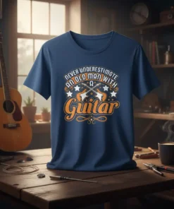 Never Underestimate An Old Man With A Guitar t-shirt design featuring crossed guitars and vintage typography