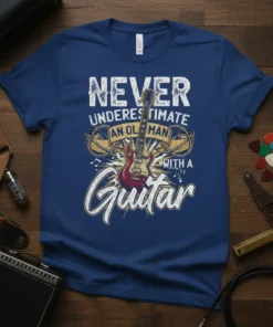 Never Underestimate An Old Man With A Guitar text design featuring a vintage electric guitar and musical notes