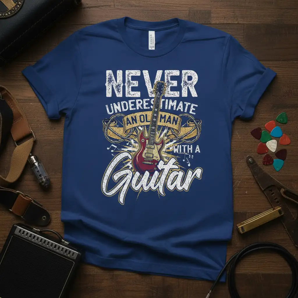 Never Underestimate An Old Man With A Guitar quote tee with distressed typography and electric guitar graphic