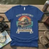 Never Underestimate An Old Man With A Pontoon T-Shirt featuring a vintage sunset and a man on a pontoon boat