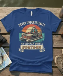 Never Underestimate An Old Man With A Pontoon T-Shirt featuring a vintage sunset and a man on a pontoon boat