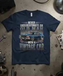 Never Underestimate An Old Man With A Vintage Car T-Shirt featuring a blue classic muscle car and bold text