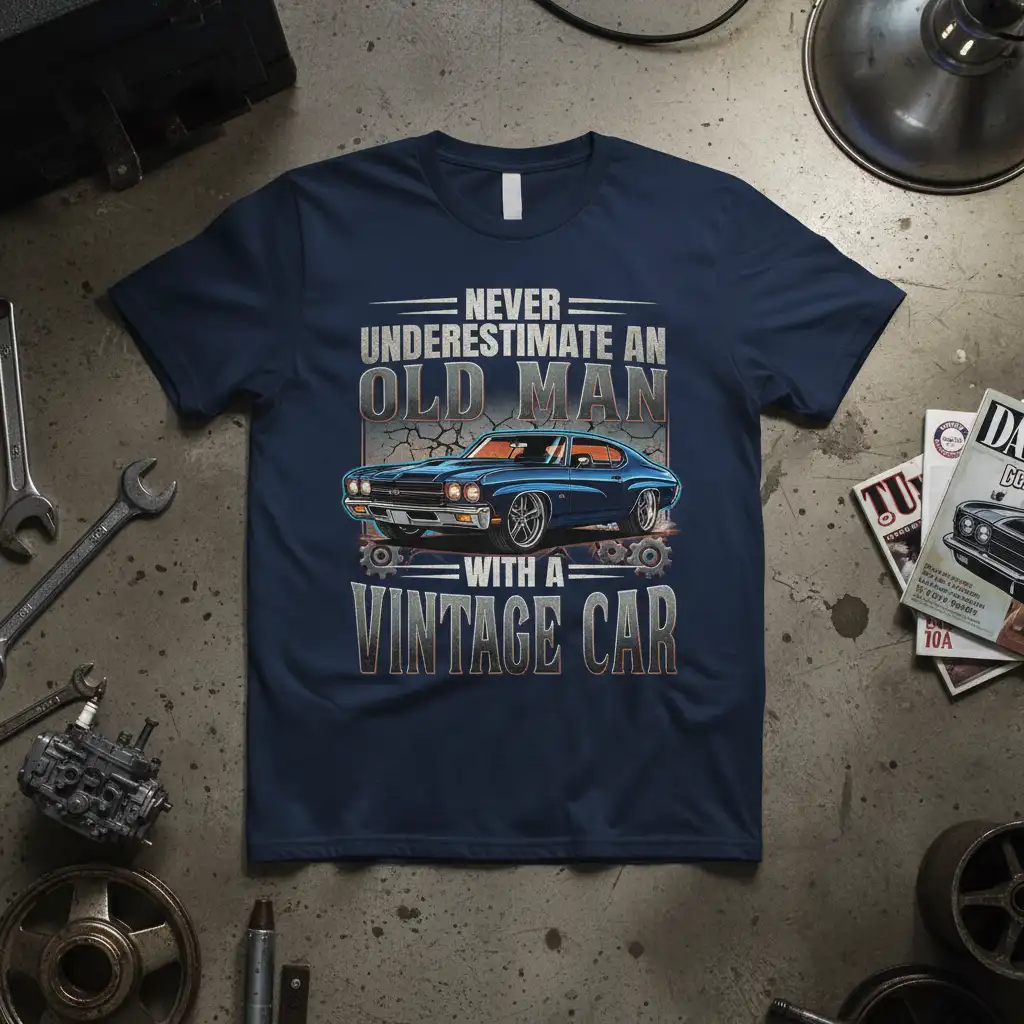 Never Underestimate An Old Man With A Vintage Car quote design with a classic blue coupe illustration