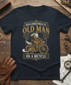 T-shirt with "Never Underestimate An Old Man On A Bicycle" text and vintage illustration of an old man riding a