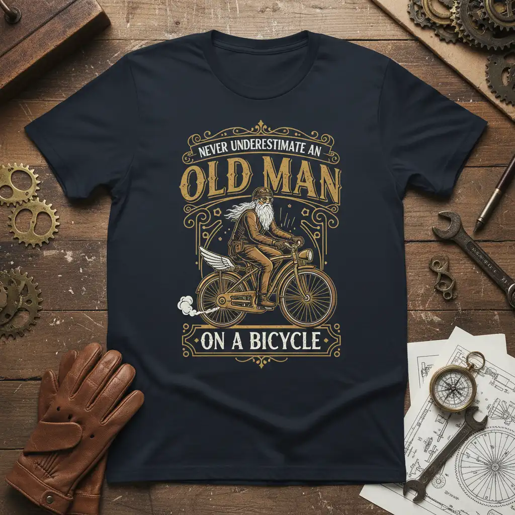 Never Underestimate An Old Man On A Bicycle quote on a navy t-shirt with vintage illustration