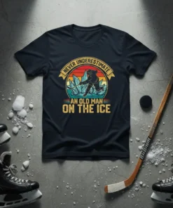 Never Underestimate An Old Man On The Ice quote on a navy t-shirt with a vintage hockey graphic