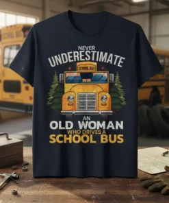 Never Underestimate An Old Woman Who Drives A School Bus t-shirt design featuring a vintage school bus graphic and bold