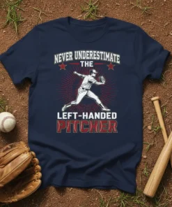 Never Underestimate The Left-Handed Pitcher text with baseball pitcher graphic on navy t-shirt