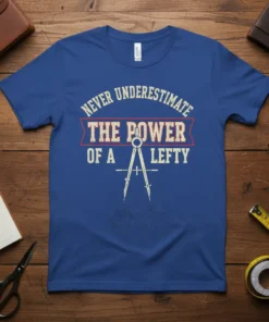 Blue t-shirt with "Never Underestimate The Power Of A Lefty" text and compass graphic for left-handed individuals