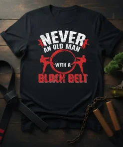 Black t-shirt with white and red text reading "NEVER AN OLD MAN WITH A BLACK BELT" and graphics of karate