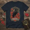 Nevermore t-shirt design with a black raven perched among red poppies, framed by an ornate gold border