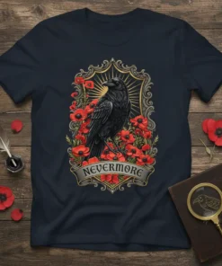 Nevermore t-shirt design with a black raven perched among red poppies, framed by an ornate gold border