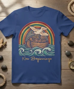 New Beginnings t-shirt with dove, rainbow, and Noah's ark graphic, symbolizing hope and faith