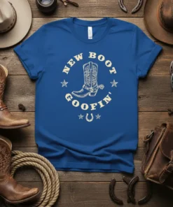 New Boot Goofin' cowboy t-shirt design featuring a western boot graphic and horseshoe, perfect for rodeo fans