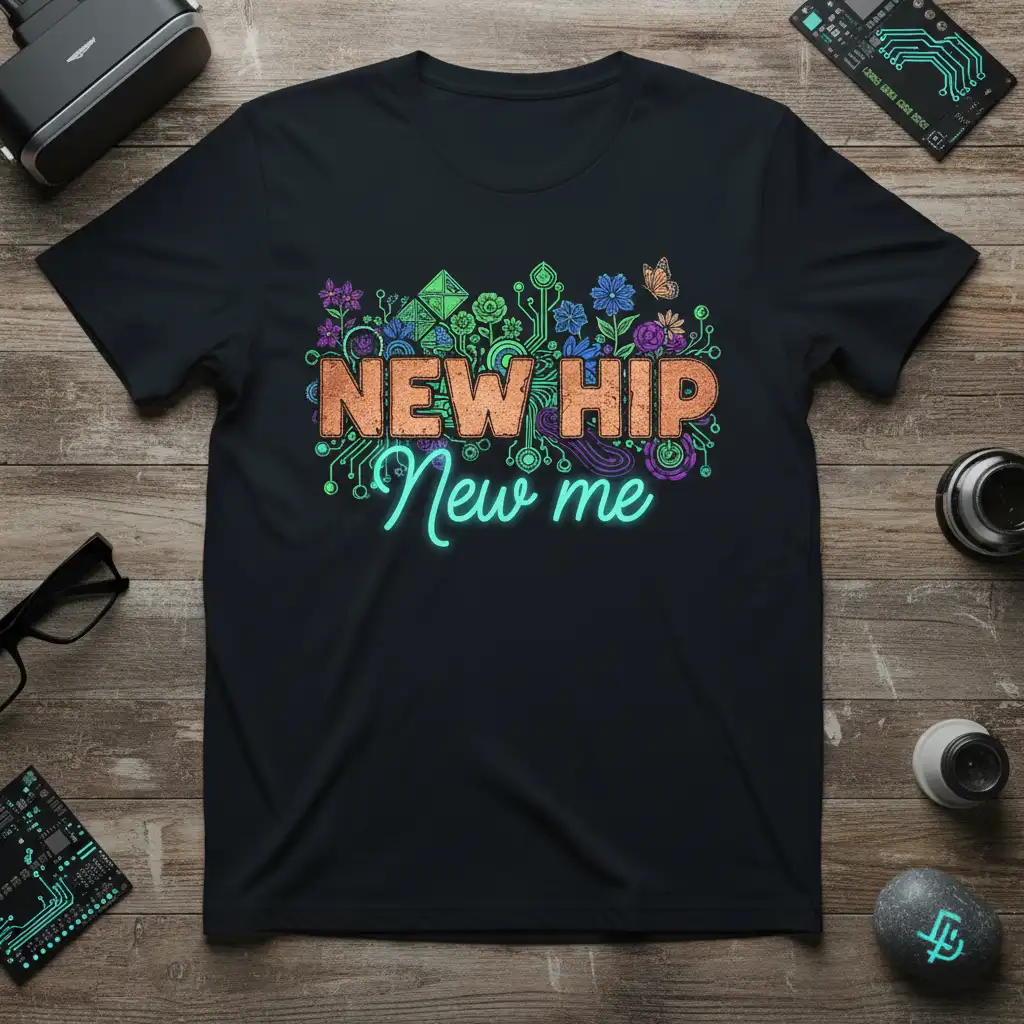 NEW HIP New me text design with circuit board graphics, flowers, and butterfly on a black t-shirt