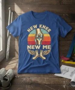 New Knee New Me t-shirt design featuring a vintage sunset graphic of a knee joint above winged boots