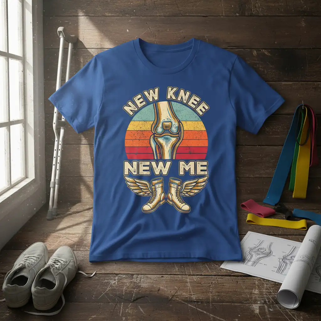 New Knee New Me quote with a knee joint graphic and winged boots on a vintage sunset t-shirt
