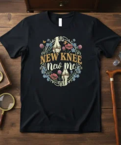 Black t-shirt with "NEW KNEE new me" text and floral wreath featuring knee joints