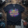 New Stomach Who Dis? humorous quote with colorful splashes and cartoon stomach graphics on a navy t-shirt
