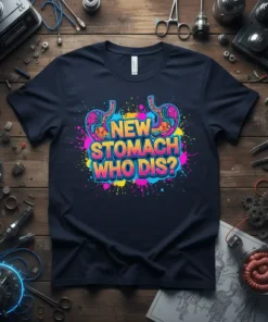 New Stomach Who Dis? humorous quote with colorful splashes and cartoon stomach graphics on a navy t-shirt