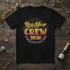 New Year CREW 2026 Bringing in the new year together text design with fireworks and stars on a black t-shirt