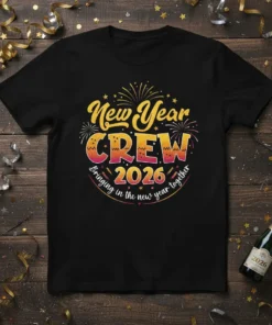 New Year CREW 2026 Bringing in the new year together text design with fireworks and stars on a black t-shirt