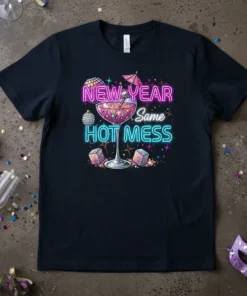 New Year Same Hot Mess graphic t-shirt with a cocktail glass, neon text, disco ball, and confetti