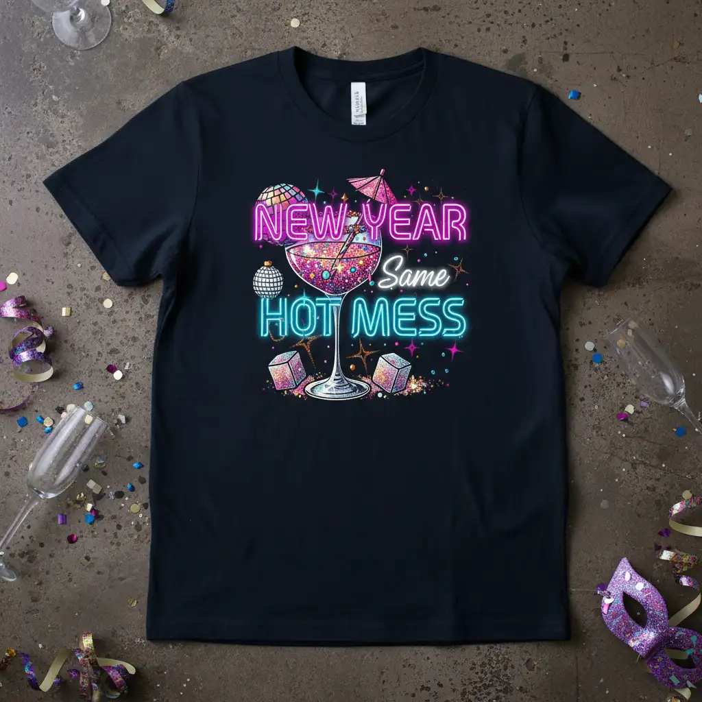 New Year Same Hot Mess quote on a t-shirt with a festive cocktail and neon lights